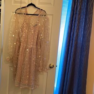 Boohoo Plus DISK SEQUIN BLOUSON SLEEVE SMOCK PARTY DRESS